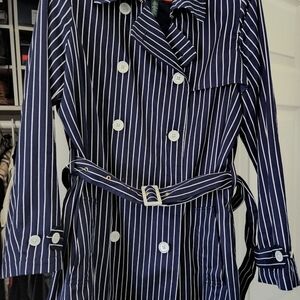NEW LAUREN RALPH LAUREN NAVY/WHITE PINSTRIPE TRENCH SZ XL